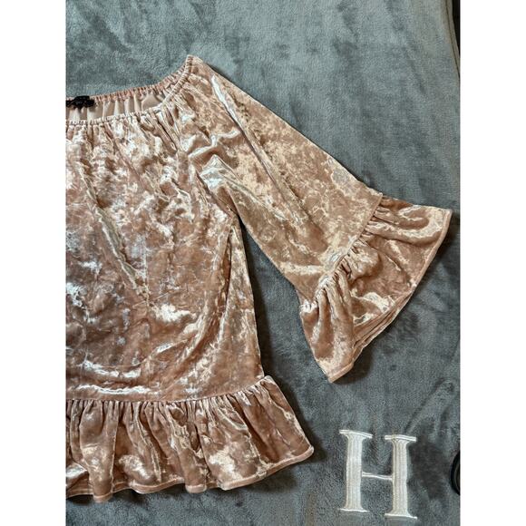 Anthropologie Sanctuary‎ Boho Women Pink Crushed Velvet Peplum Blouse Ruffle L - Picture 7 of 9
